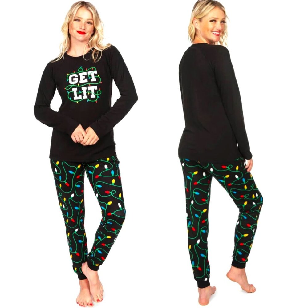 TIPSY ELVES Get Lit Holiday Graphic 2 pc PJ Pajamas Set, Black M NWT